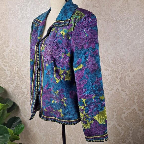 City Girl Nancy Bolen Sz Large Silk Jacket Beaded Sequins Turq Purple Green Vtg - Picture 8 of 16